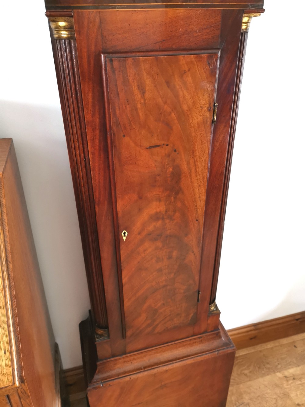 Early 19th C. Georgian Mahogany 8 Day Bell Striking English Grandfather Longcase Clock with Painted Dial. John Hancock of Yeovil Somerset. Noted by Brian Loomes.  View IV