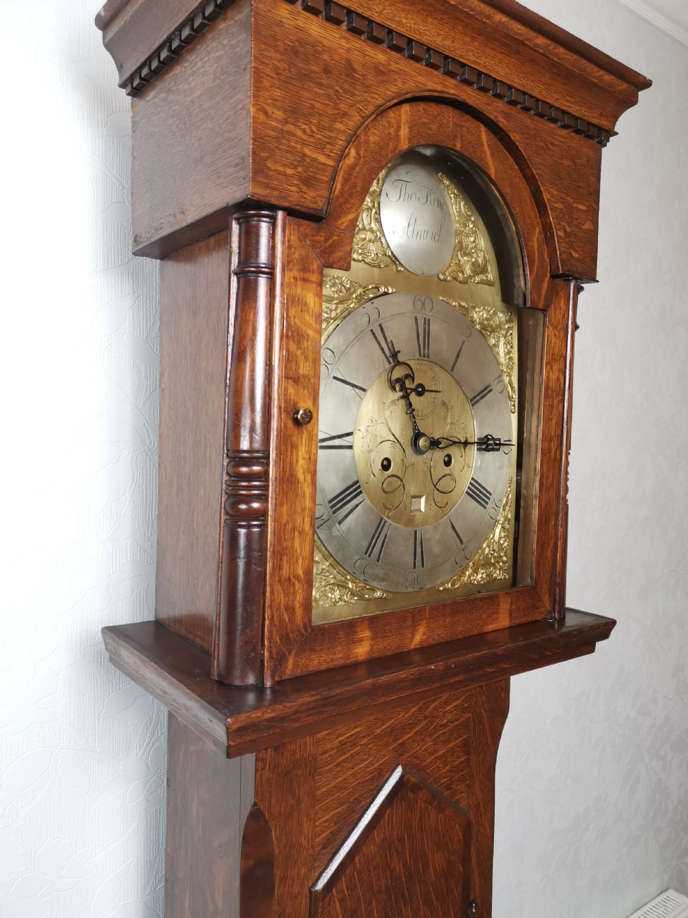 English 18th C. Georgian Oak Grandfather Longcase Clock by Thomas King of Alnwick with Brass Dial and Silvered Chapter Ring.  View II