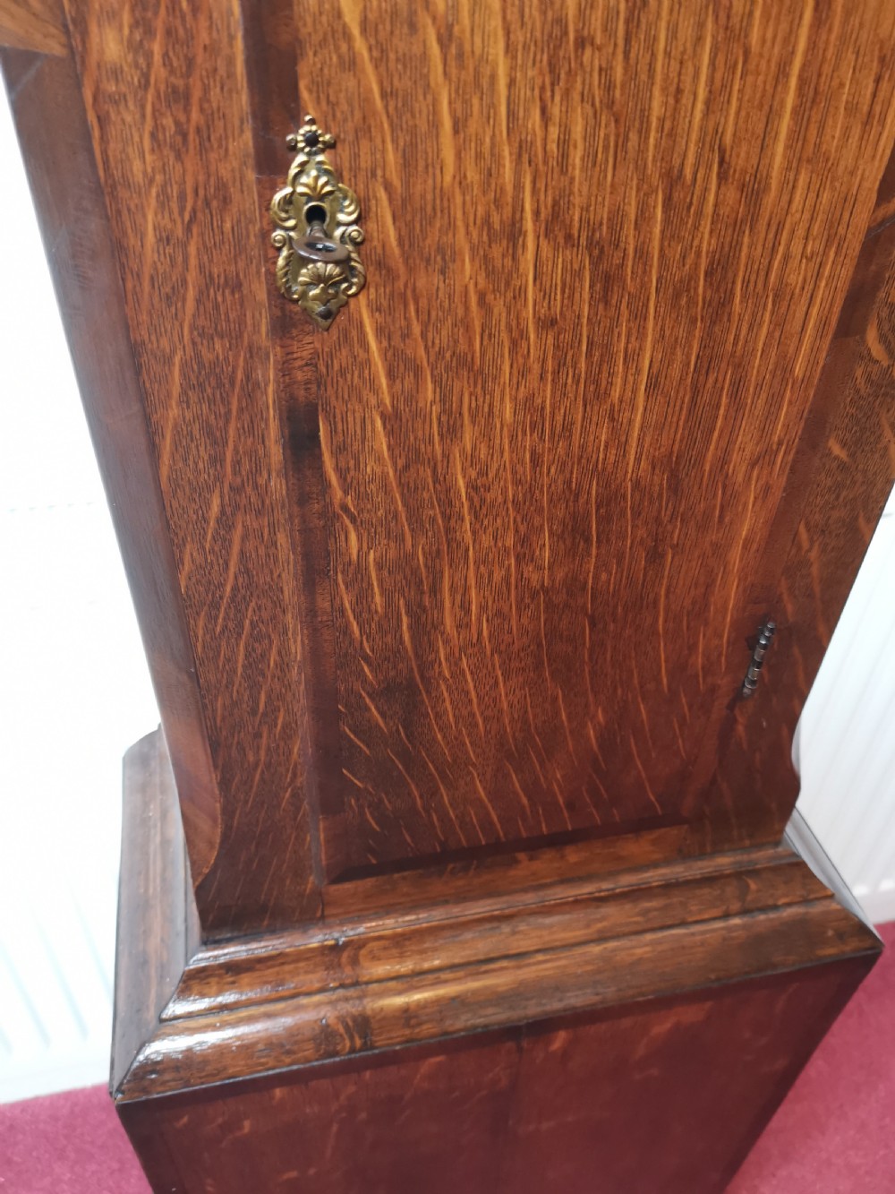 English 18th C. Georgian Oak Grandfather Longcase Clock by Thomas King of Alnwick with Brass Dial and Silvered Chapter Ring.  View IV