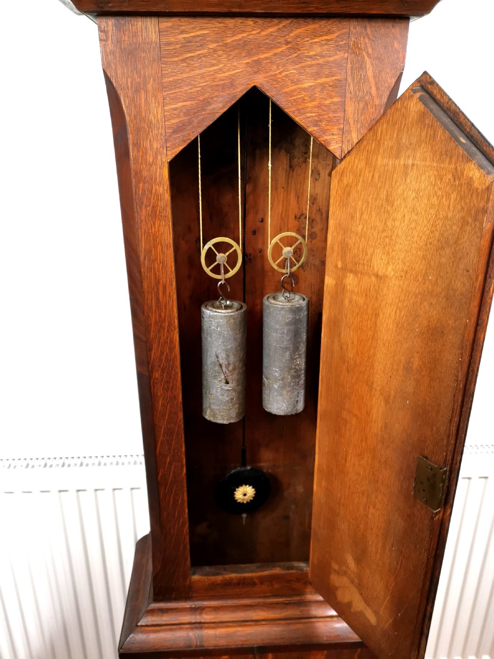 English 18th C. Georgian Oak Grandfather Longcase Clock by Thomas King of Alnwick with Brass Dial and Silvered Chapter Ring.  View V