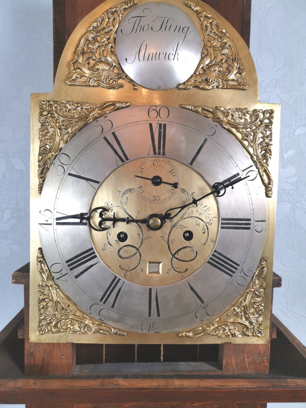 English 18th C. Georgian Oak Grandfather Longcase Clock by Thomas King of Alnwick with Brass Dial and Silvered Chapter Ring.  View VI