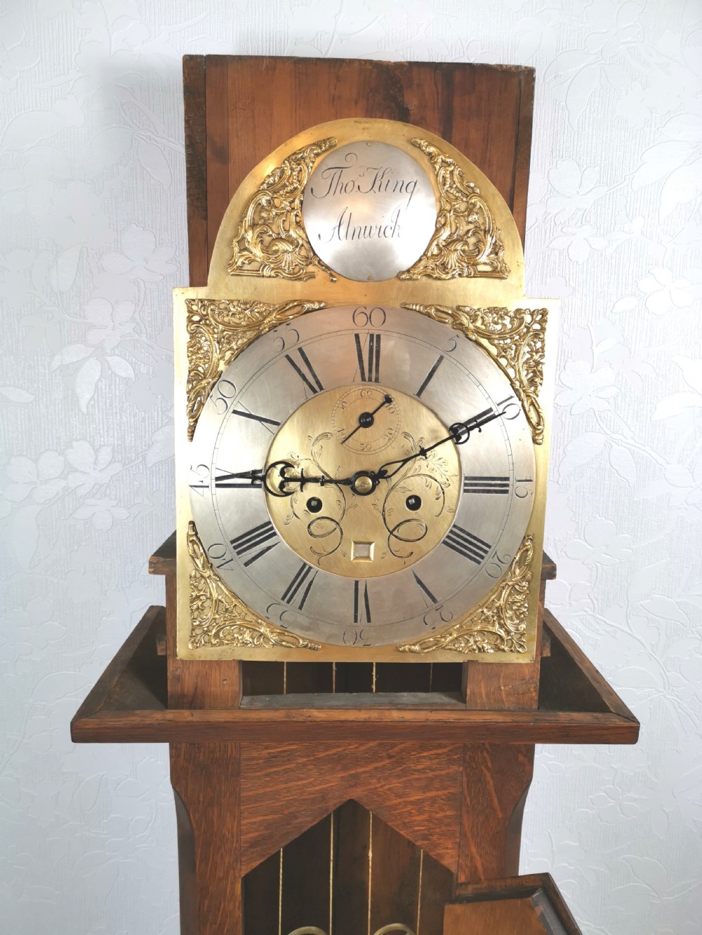 English 18th C. Georgian Oak Grandfather Longcase Clock by Thomas King of Alnwick with Brass Dial and Silvered Chapter Ring.  View VII