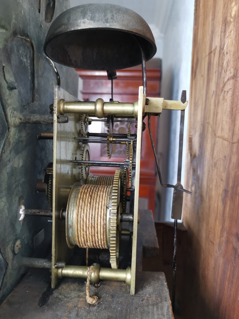 English 18th C. Georgian Oak Grandfather Longcase Clock by Thomas King of Alnwick with Brass Dial and Silvered Chapter Ring.  View VIII