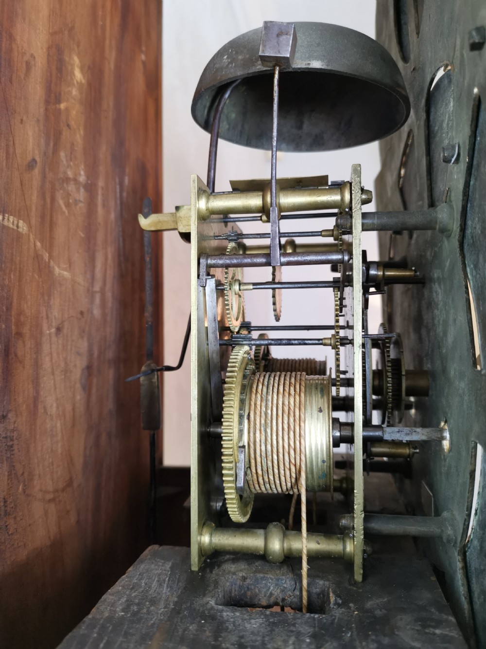 English 18th C. Georgian Oak Grandfather Longcase Clock by Thomas King of Alnwick with Brass Dial and Silvered Chapter Ring.  View IX
