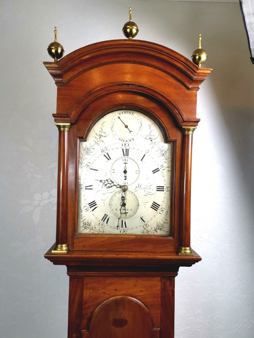 Rare Solid Mahogany Cased 18th C. Georgian Grandfather Longcase Clock by Longstanding English Clockmaking Weston/Gilmore Family of Lewis/Brighton/Hastings.  View VI