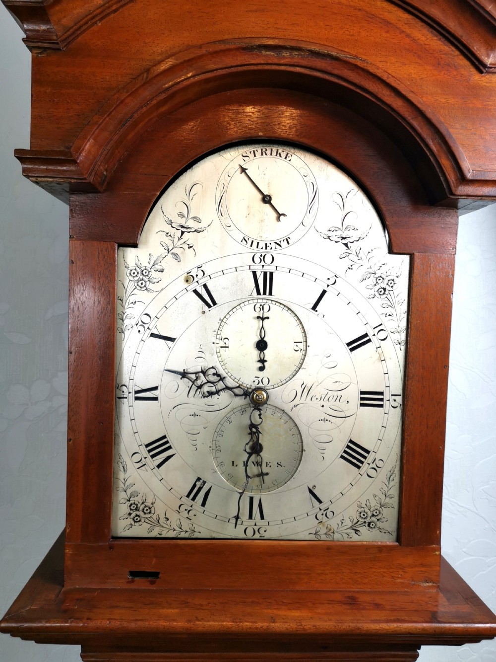 Rare Solid Mahogany Cased 18th C. Georgian Grandfather Longcase Clock by Longstanding English Clockmaking Weston/Gilmore Family of Lewis/Brighton/Hastings.  View VII