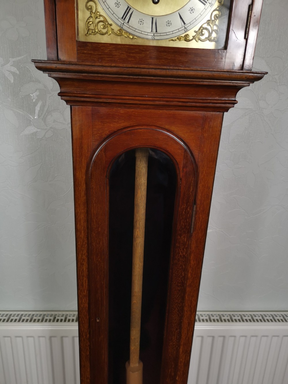 Fine Quality German 1920s Glass Fronted Mahogany Grandmother or Small Grandfather Longcase Clock with Musical Quarter Chimes & Hour Strike.  View VII