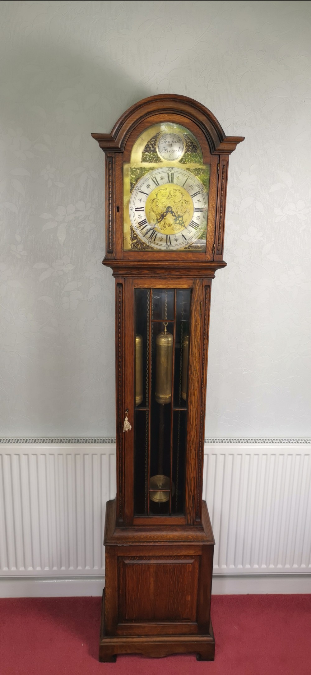 Charming English 1920's Westminster Quarter Chiming Triple Weight Oak Grandmother or Grandfather Longcase Clock 