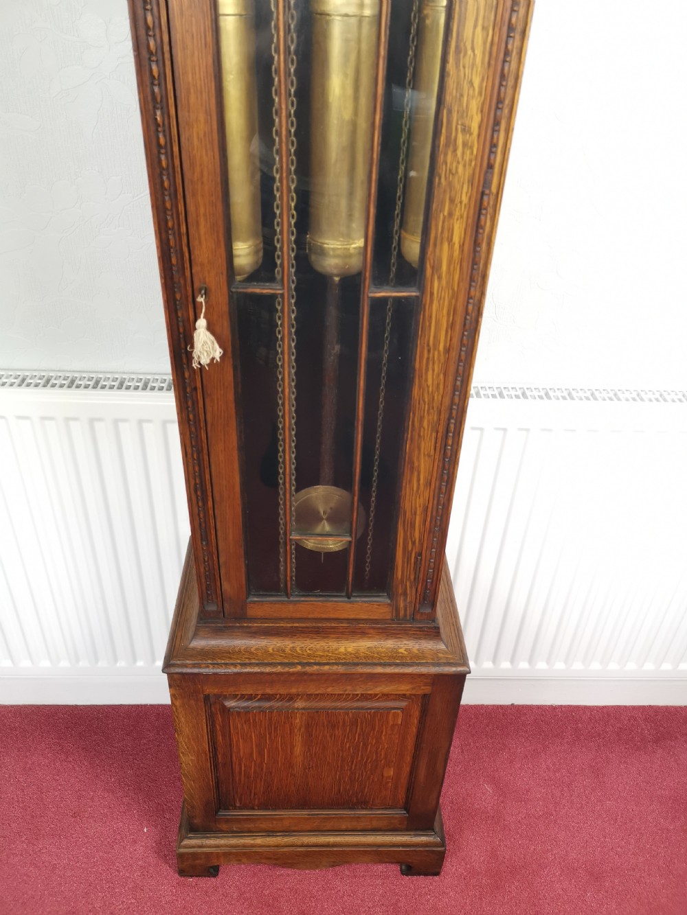 Charming English 1920's Westminster Quarter Chiming Triple Weight Oak Grandmother or Grandfather Longcase Clock  View II