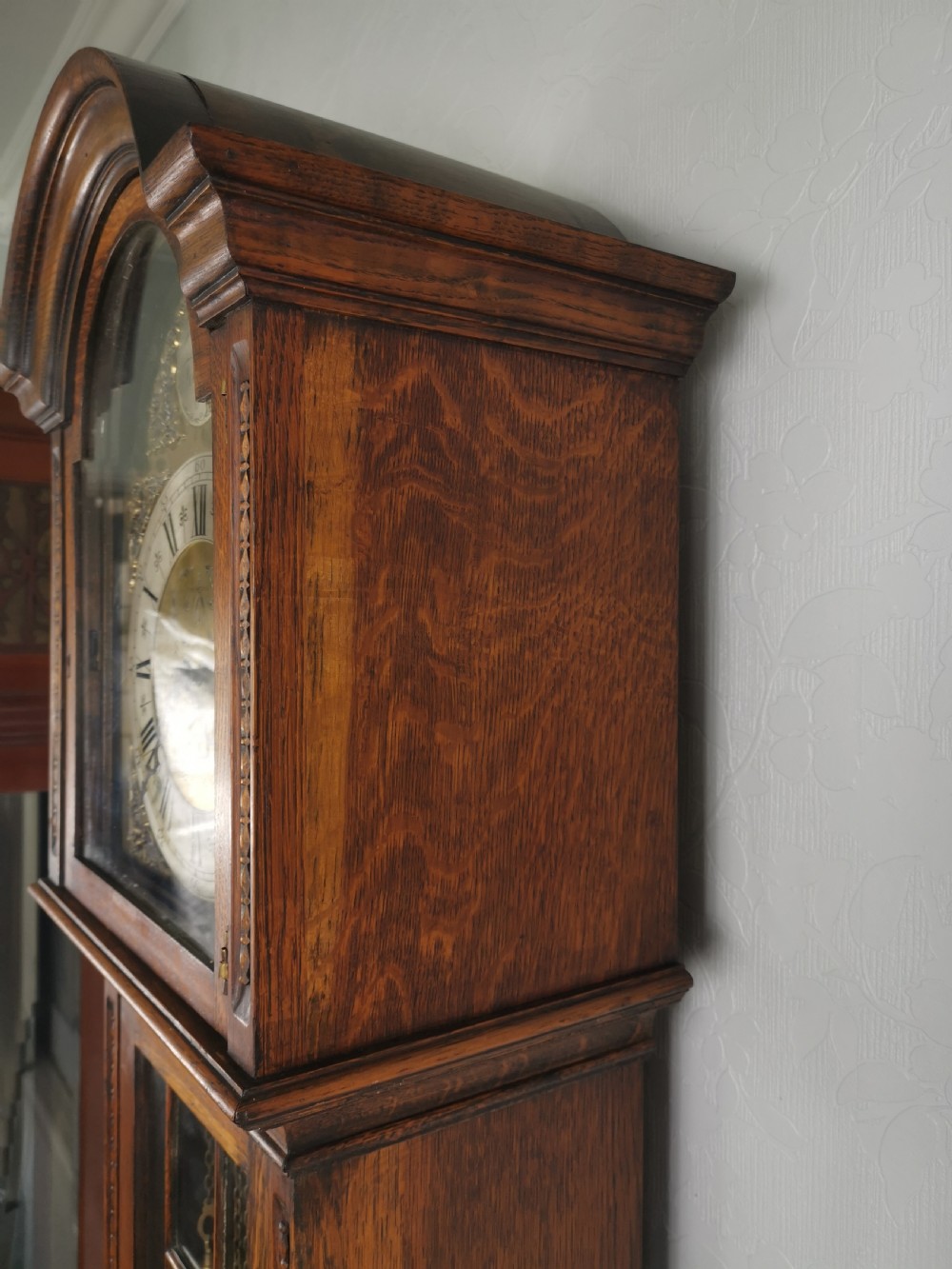 Charming English 1920's Westminster Quarter Chiming Triple Weight Oak Grandmother or Grandfather Longcase Clock  View III