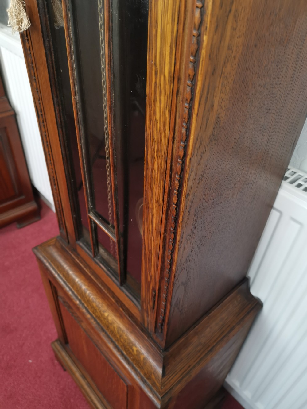 Charming English 1920's Westminster Quarter Chiming Triple Weight Oak Grandmother or Grandfather Longcase Clock  View IV