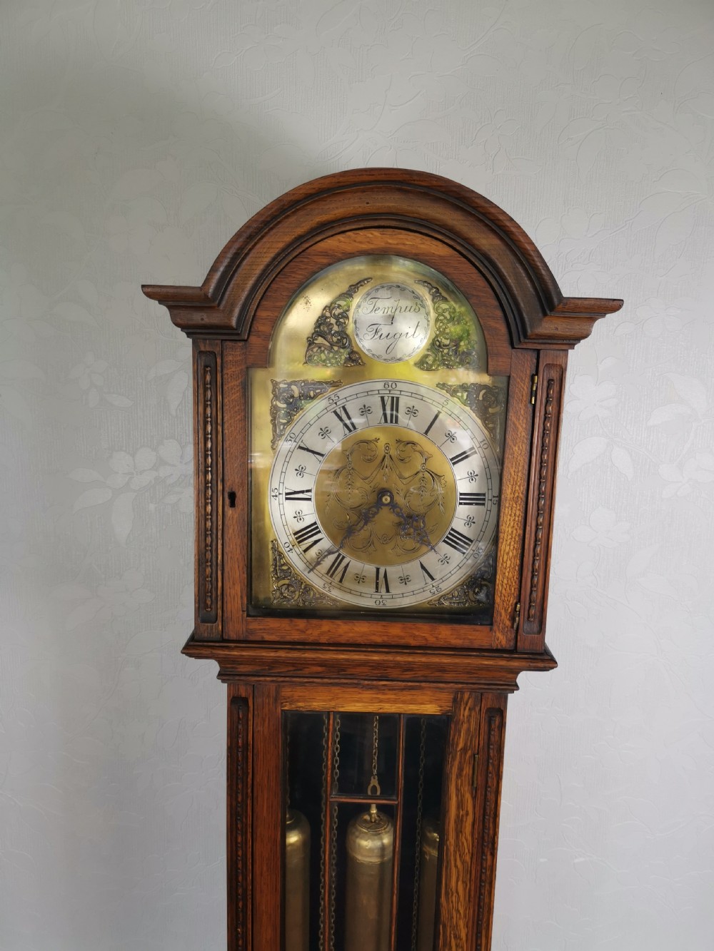 Charming English 1920's Westminster Quarter Chiming Triple Weight Oak Grandmother or Grandfather Longcase Clock  View V