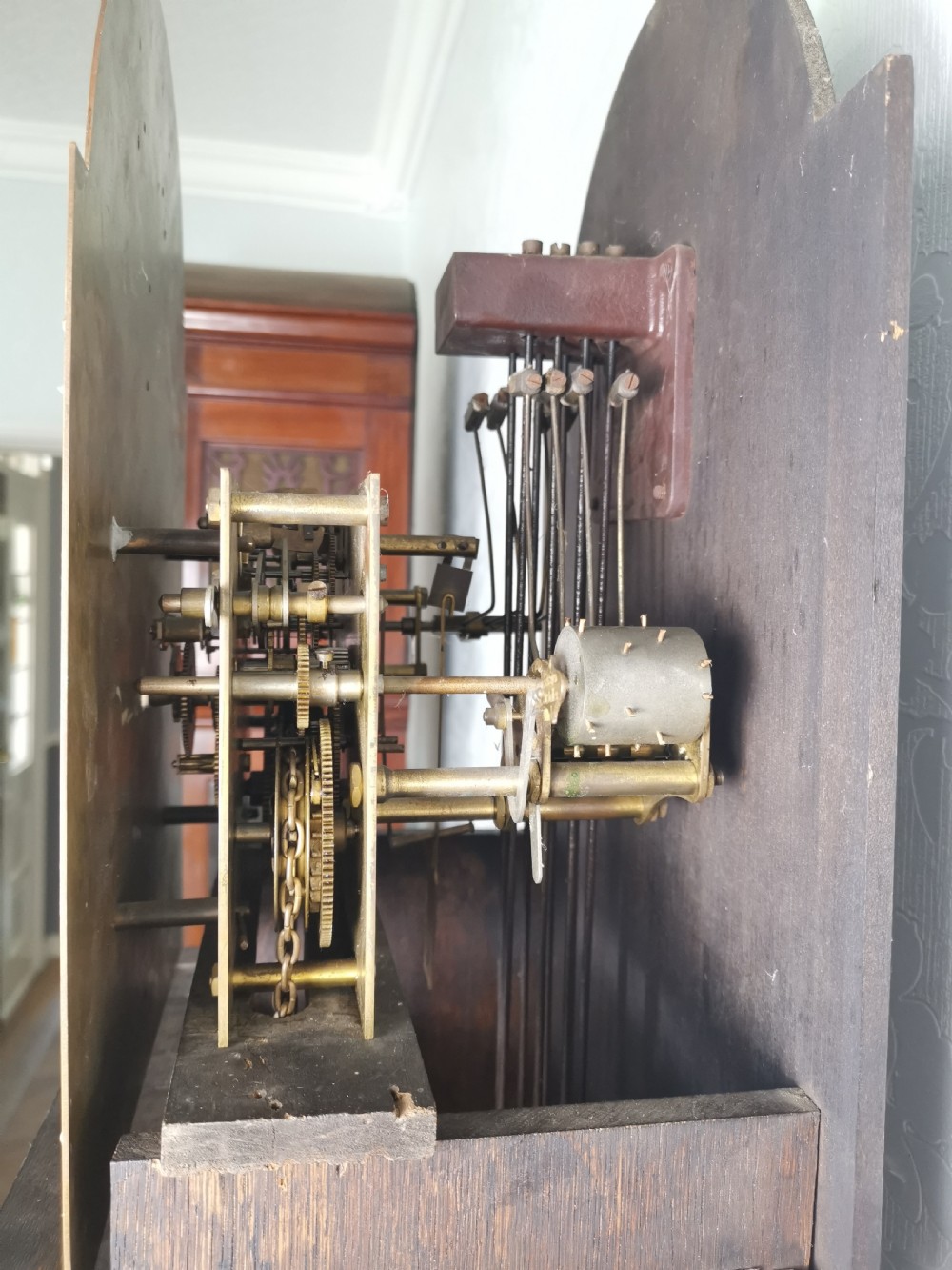 Charming English 1920's Westminster Quarter Chiming Triple Weight Oak Grandmother or Grandfather Longcase Clock  View VII