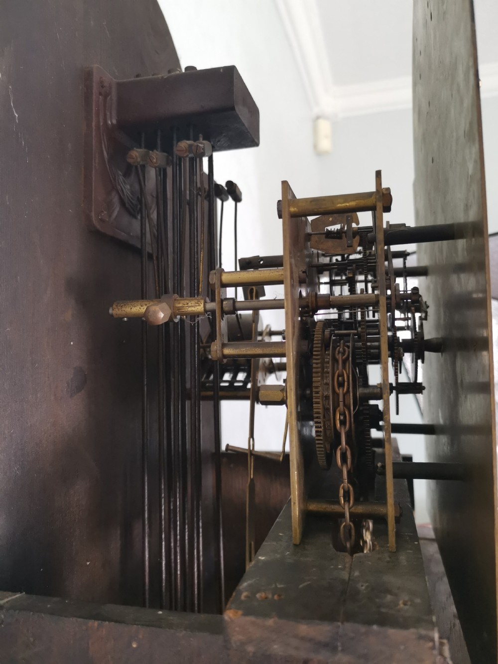 Charming English 1920's Westminster Quarter Chiming Triple Weight Oak Grandmother or Grandfather Longcase Clock  View VIII
