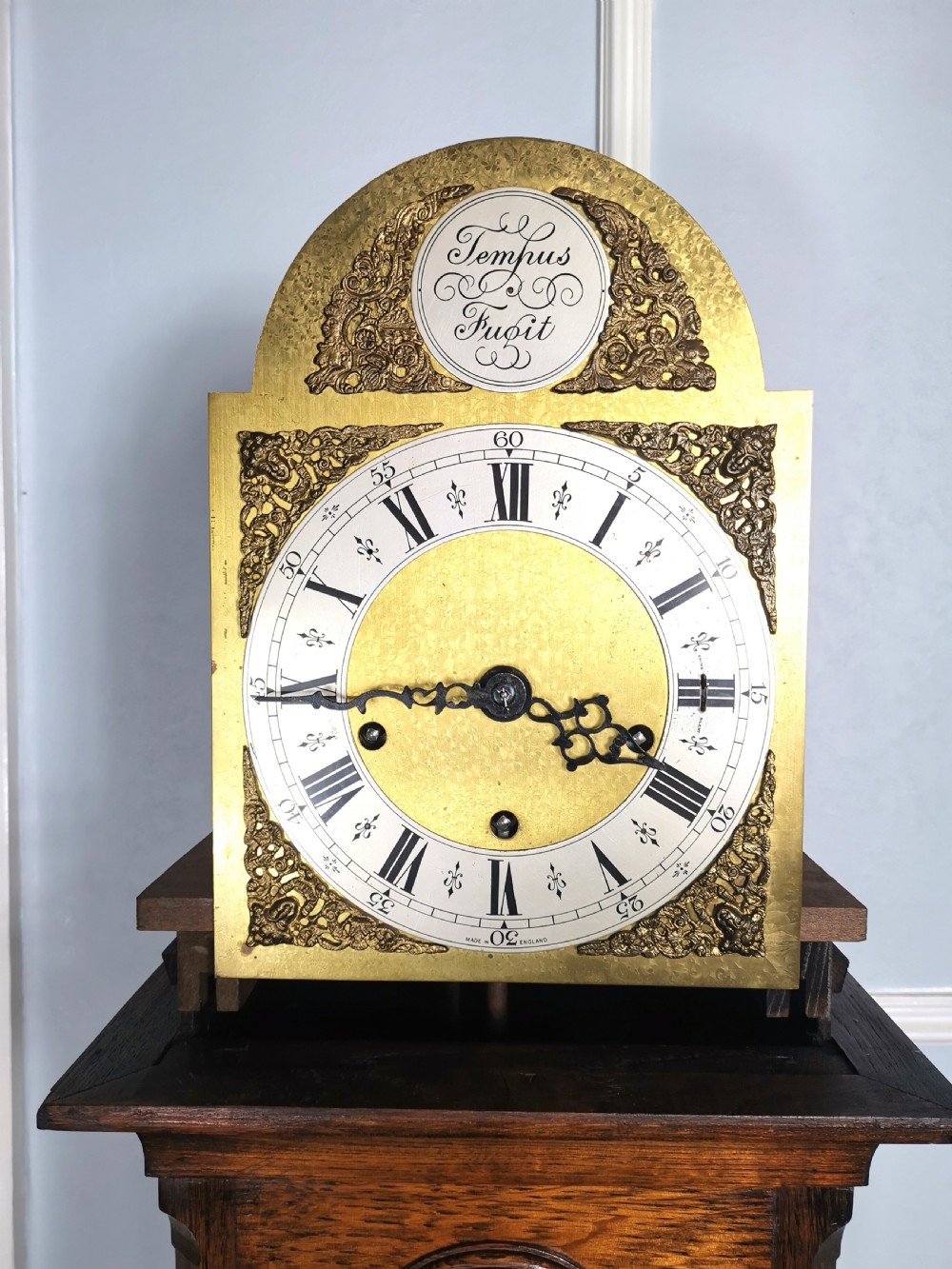 Quarter Chiming & Hour Striking English Dwarf Grandfather or Grandmother Musical Longcase Clock of Good Warm Oak & Astagal Glazed Trunk Door on Bun Feet.  View II