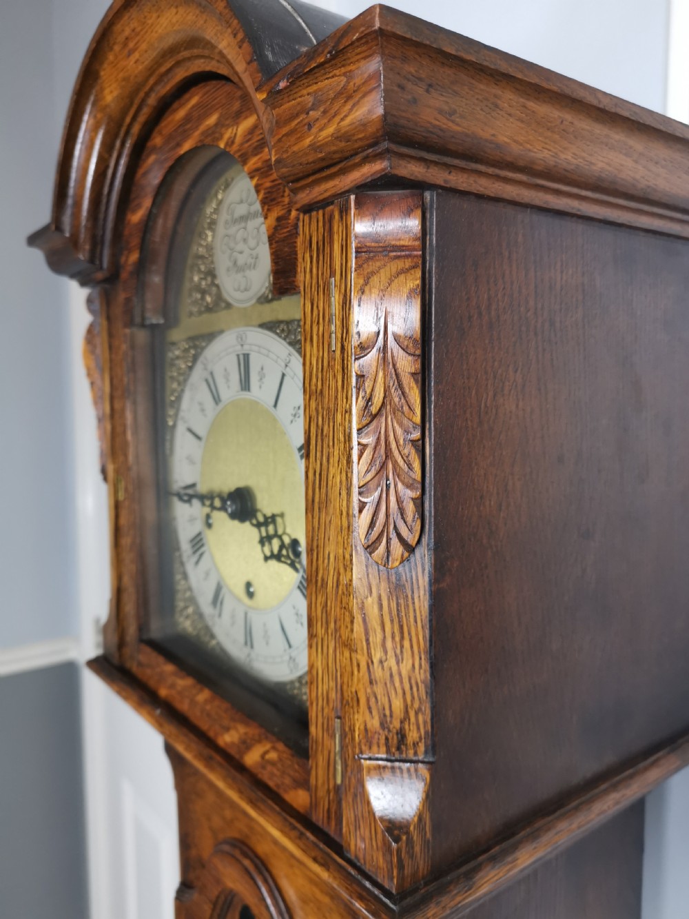 Quarter Chiming & Hour Striking English Dwarf Grandfather or Grandmother Musical Longcase Clock of Good Warm Oak & Astagal Glazed Trunk Door on Bun Feet.  View III