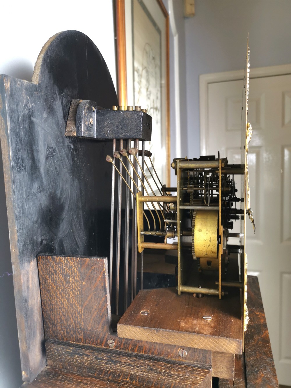 Quarter Chiming & Hour Striking English Dwarf Grandfather or Grandmother Musical Longcase Clock of Good Warm Oak & Astagal Glazed Trunk Door on Bun Feet.  View VIII