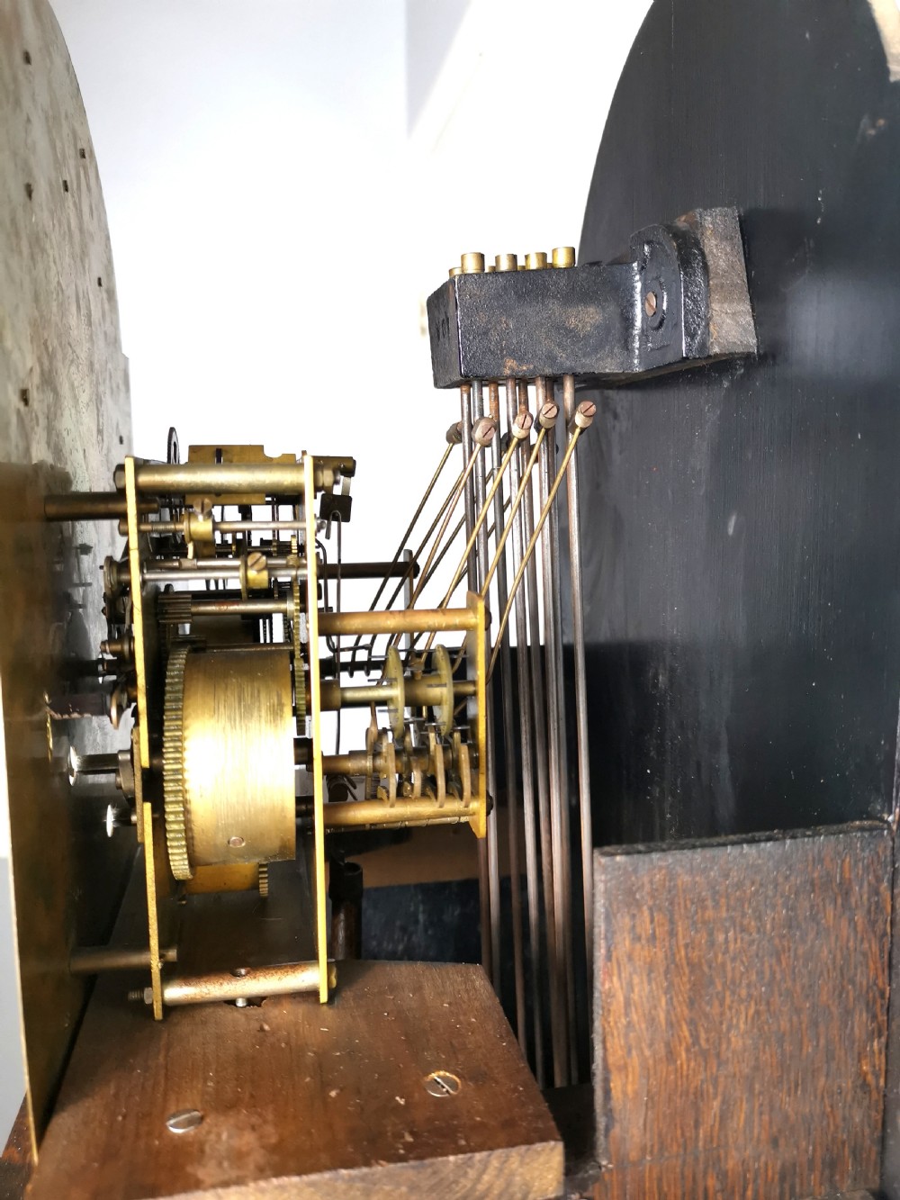 Quarter Chiming & Hour Striking English Dwarf Grandfather or Grandmother Musical Longcase Clock of Good Warm Oak & Astagal Glazed Trunk Door on Bun Feet.  View IX
