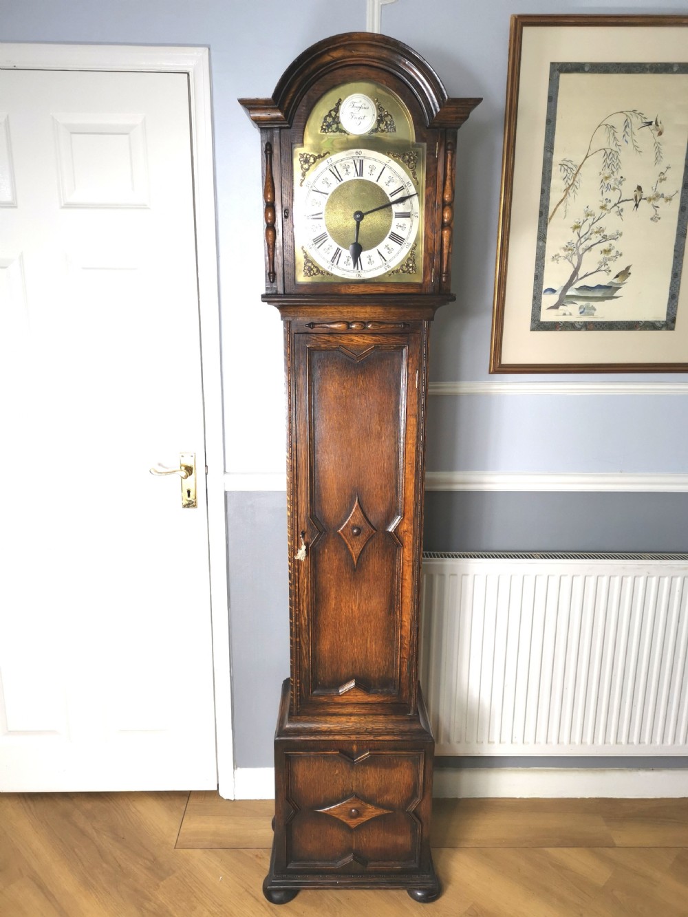 Mellow Sounding 1920s Triple Weight Westminster Quarter Chiming Musical Grandmother or Grandfather Oak Longcase Clock