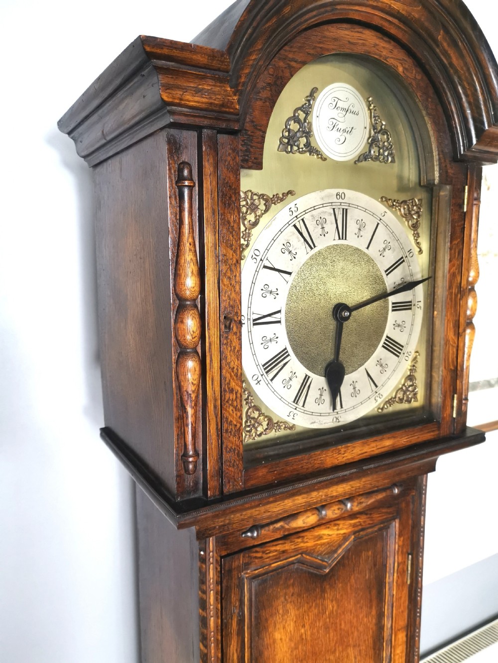 Mellow Sounding 1920s Triple Weight Westminster Quarter Chiming Musical Grandmother or Grandfather Oak Longcase Clock View II