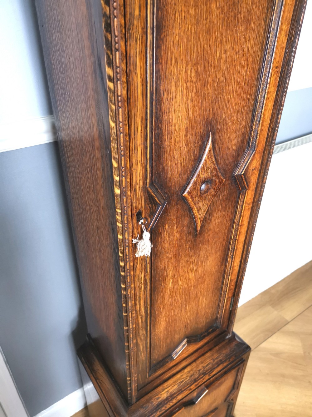 Mellow Sounding 1920s Triple Weight Westminster Quarter Chiming Musical Grandmother or Grandfather Oak Longcase Clock View III