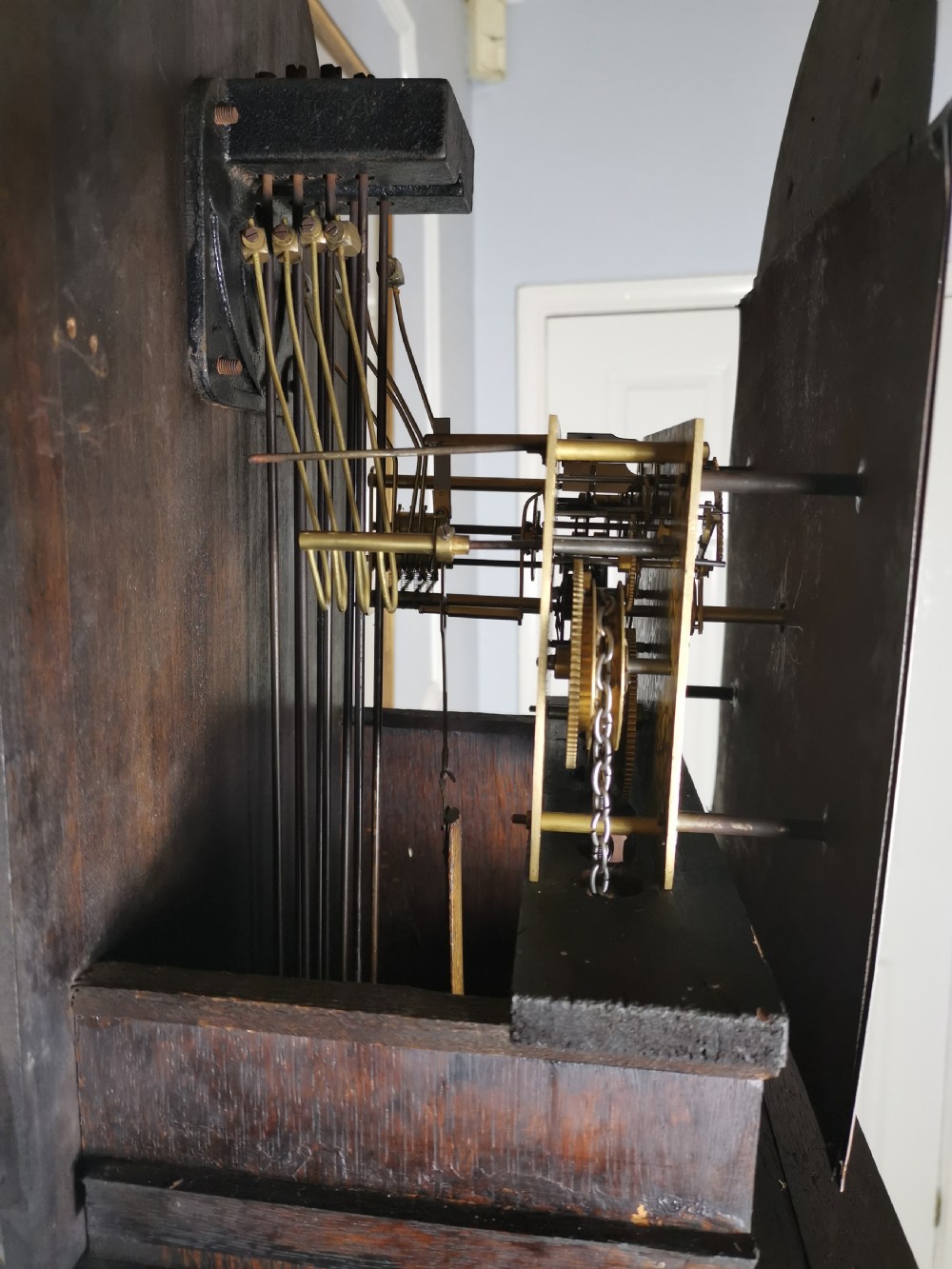 Mellow Sounding 1920s Triple Weight Westminster Quarter Chiming Musical Grandmother or Grandfather Oak Longcase Clock View V