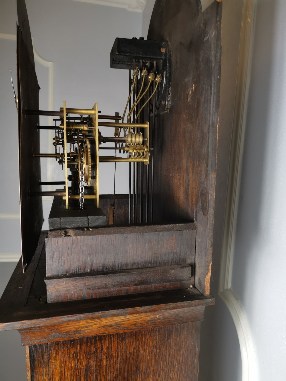 Mellow Sounding 1920s Triple Weight Westminster Quarter Chiming Musical Grandmother or Grandfather Oak Longcase Clock View VI