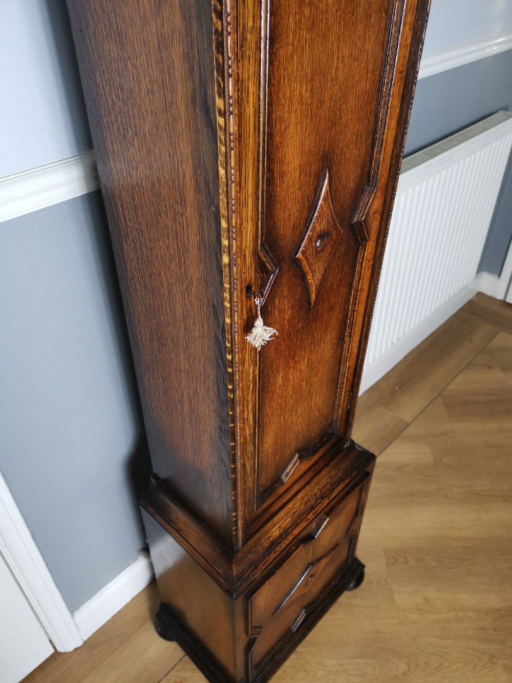 Mellow Sounding 1920s Triple Weight Westminster Quarter Chiming Musical Grandmother or Grandfather Oak Longcase Clock View VIII