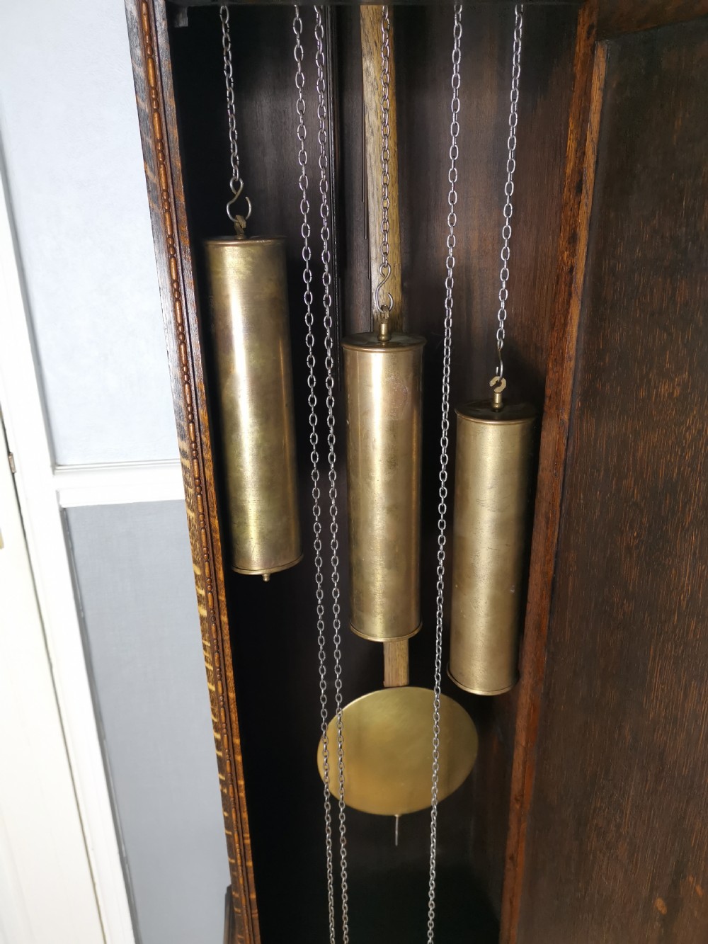 Mellow Sounding 1920s Triple Weight Westminster Quarter Chiming Musical Grandmother or Grandfather Oak Longcase Clock View IX