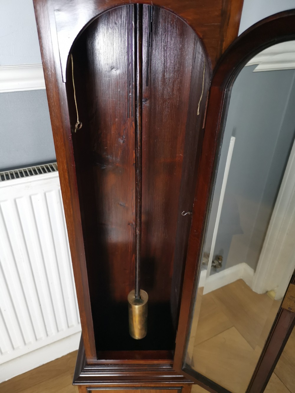 Granddaughter, Grandmother or Dwarf Grandfather Mahogany Quarter Chiming Musical Longcase Clock - 61in High.  View IV