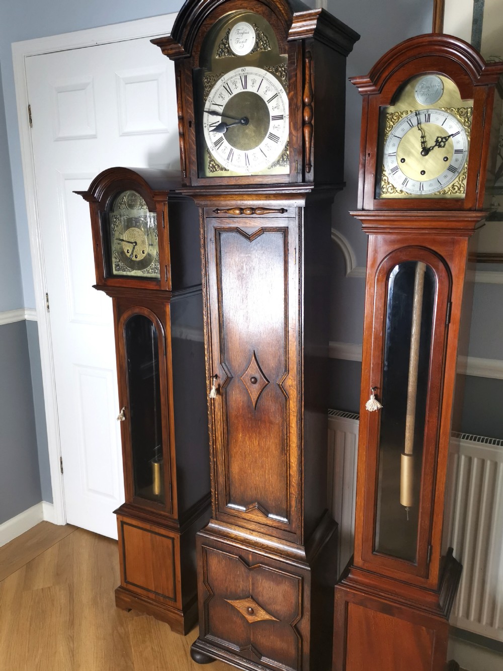 Granddaughter, Grandmother or Dwarf Grandfather Mahogany Quarter Chiming Musical Longcase Clock - 61in High.  View V