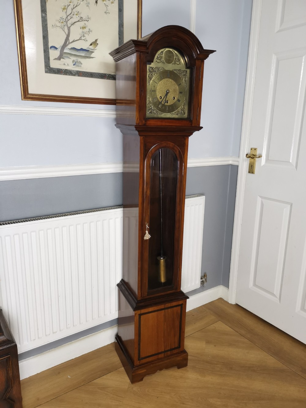 Granddaughter, Grandmother or Dwarf Grandfather Mahogany Quarter Chiming Musical Longcase Clock - 61in High.  View XII