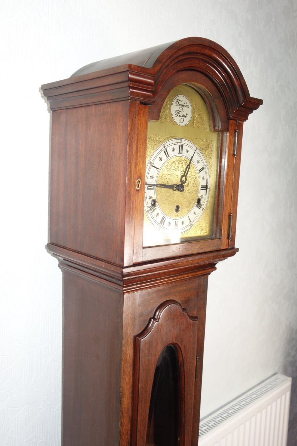 8 Day Westminster Chiming Musical Mahogany Small Grandfather or Grandmother Longcase Clock with Oval Glass to Trunk Door View II