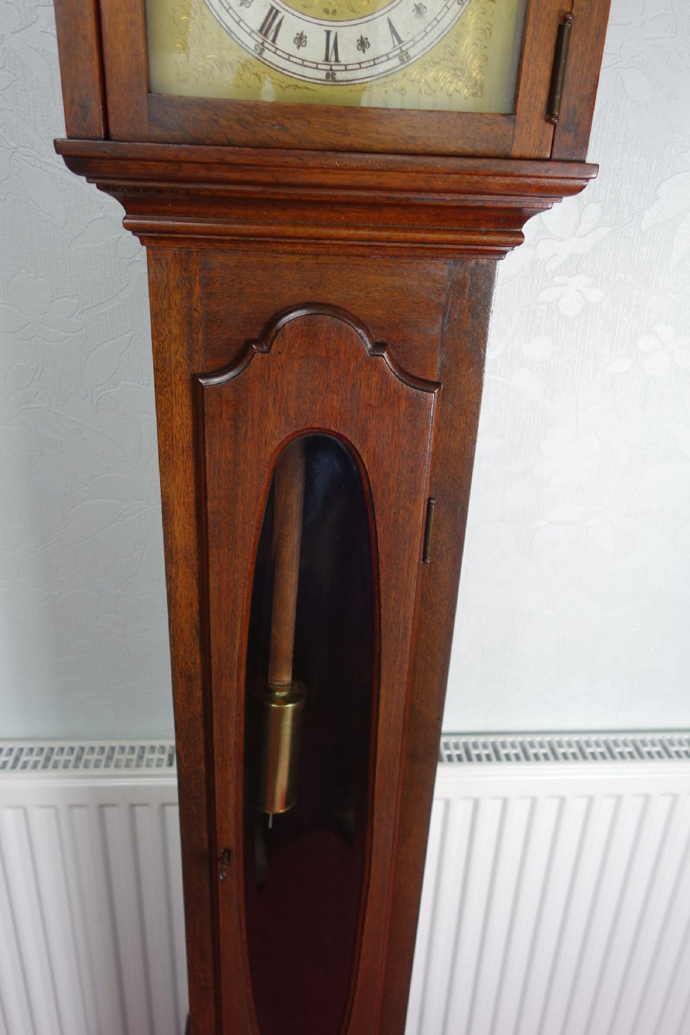 8 Day Westminster Chiming Musical Mahogany Small Grandfather or Grandmother Longcase Clock with Oval Glass to Trunk Door View III