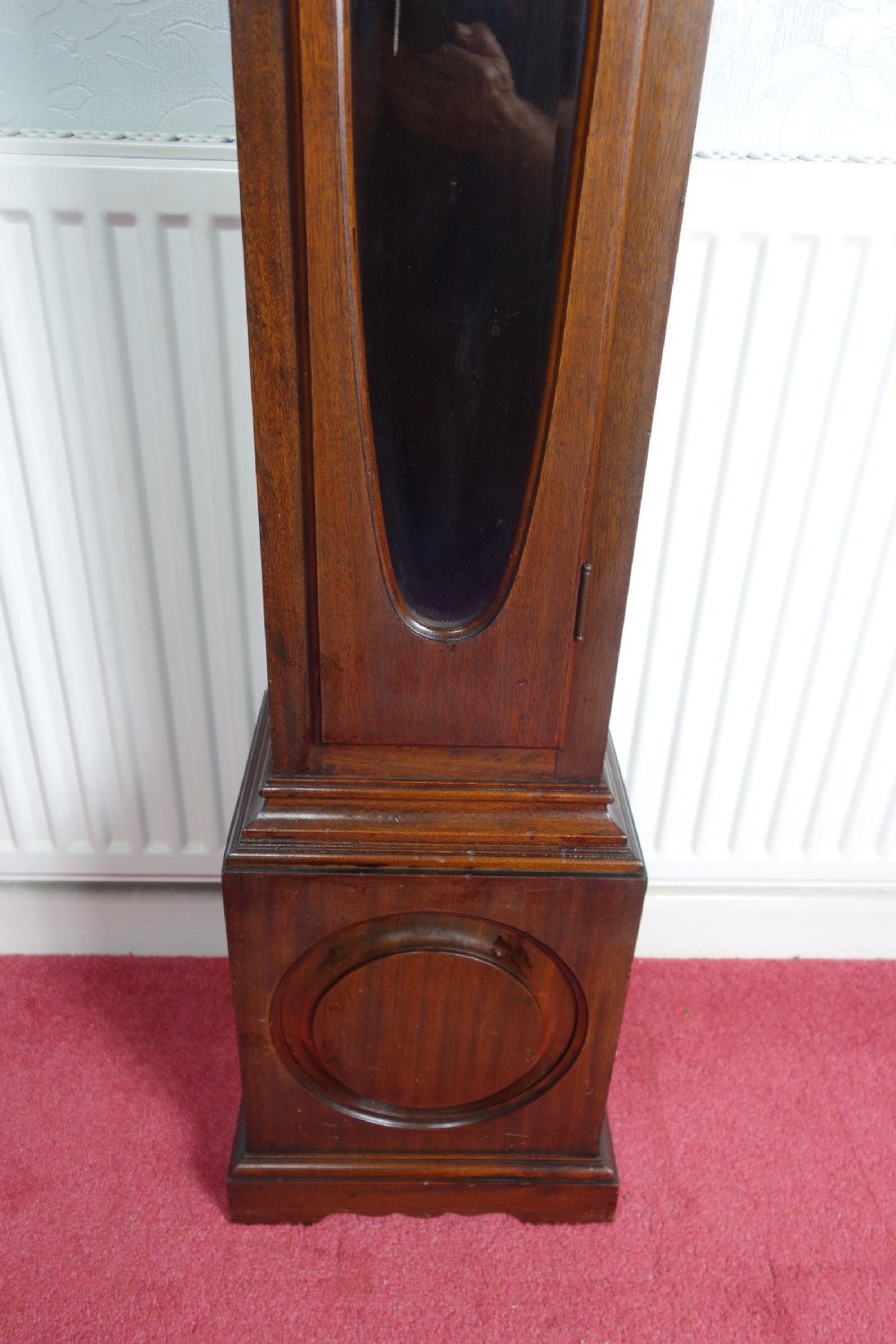 8 Day Westminster Chiming Musical Mahogany Small Grandfather or Grandmother Longcase Clock with Oval Glass to Trunk Door View IV
