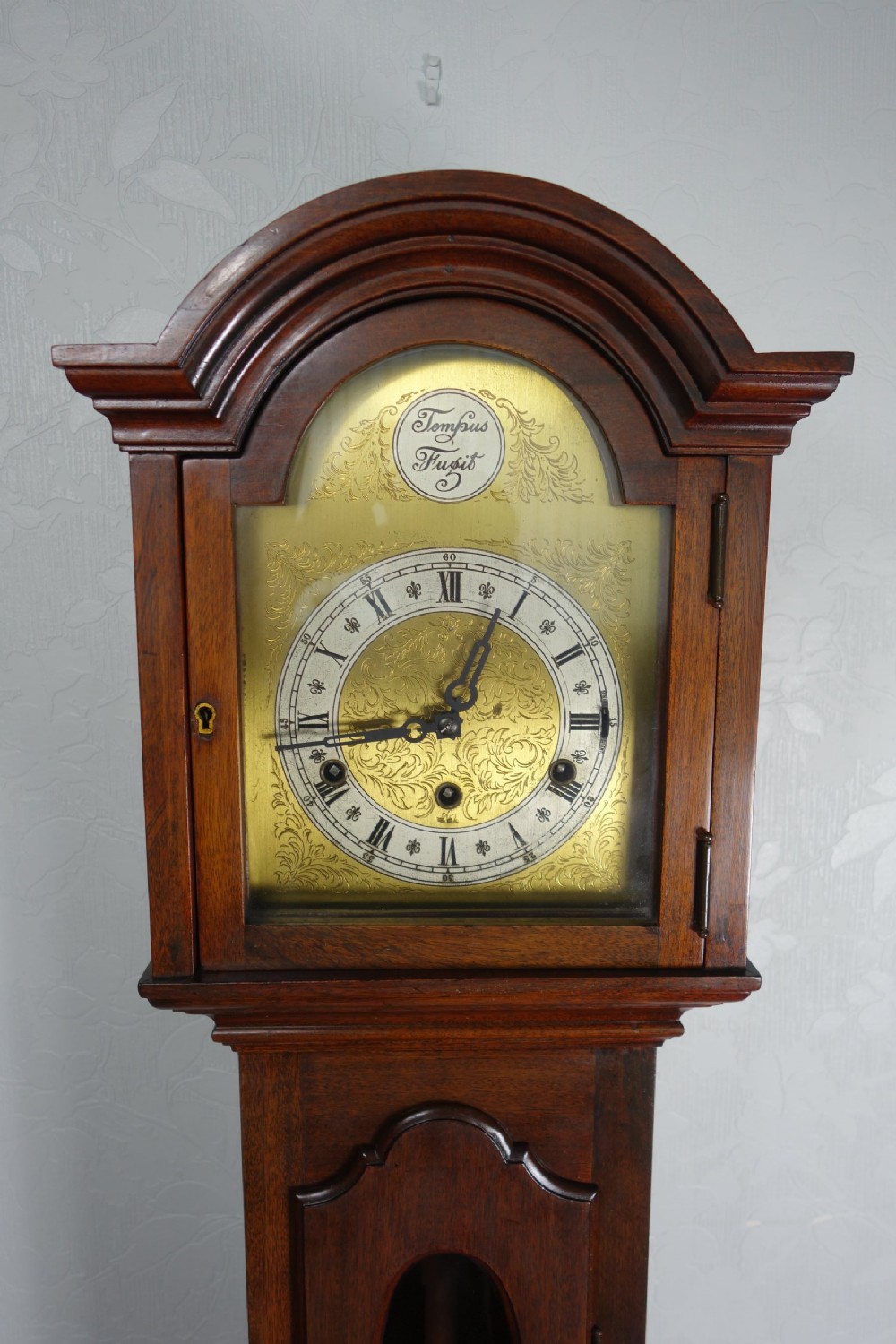 8 Day Westminster Chiming Musical Mahogany Small Grandfather or Grandmother Longcase Clock with Oval Glass to Trunk Door View VII
