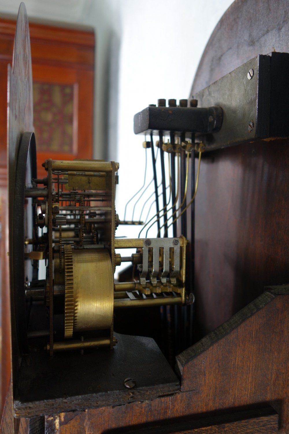 8 Day Westminster Chiming Musical Mahogany Small Grandfather or Grandmother Longcase Clock with Oval Glass to Trunk Door View VI