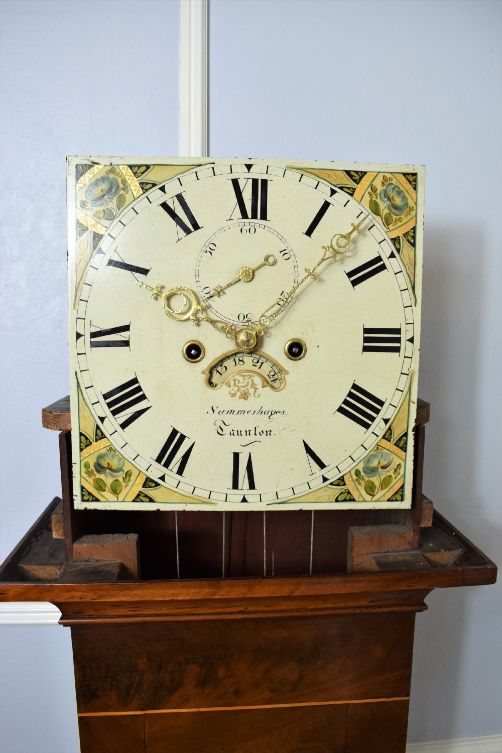 Small Early 19th Century Flame Mahogany with Satinwood Inlay 8 Day Bell Striking Grandfather Longcase Clock by Summerhayes of Taunton View IV
