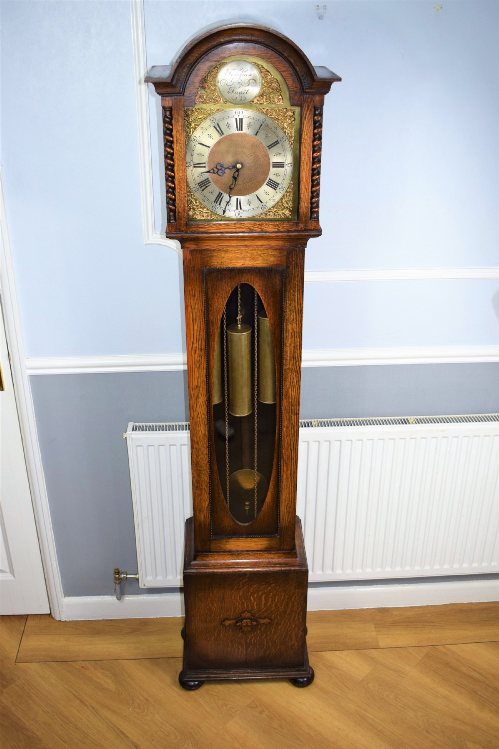 Charming 1920s Triple Weight Westminster Chiming Musical Grandfather or Grandmother Oak Longcase Clock with Barley Twist Hood Columns & Glass Door