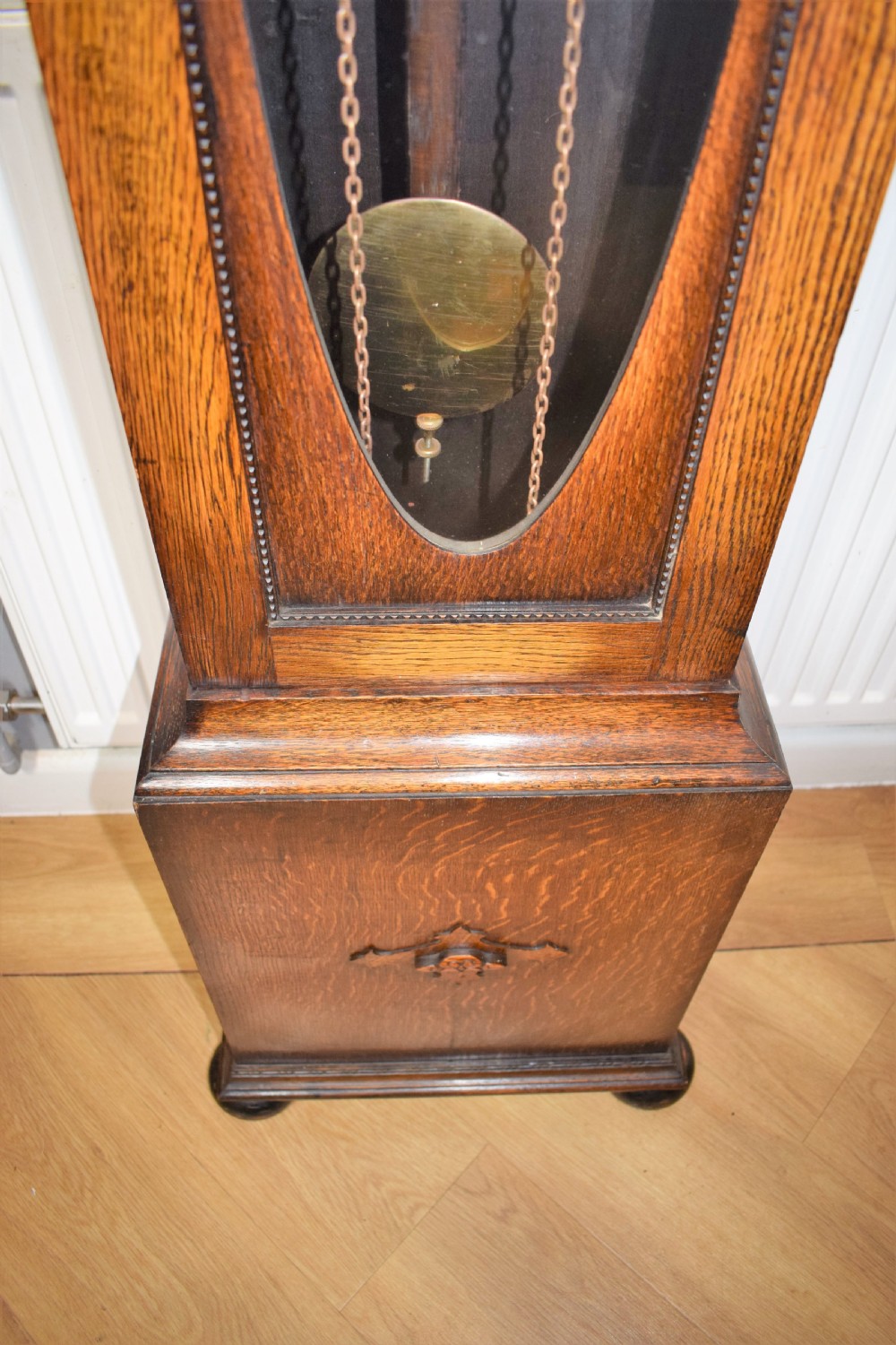 Charming 1920s Triple Weight Westminster Chiming Musical Grandfather or Grandmother Oak Longcase Clock with Barley Twist Hood Columns & Glass Door View IV