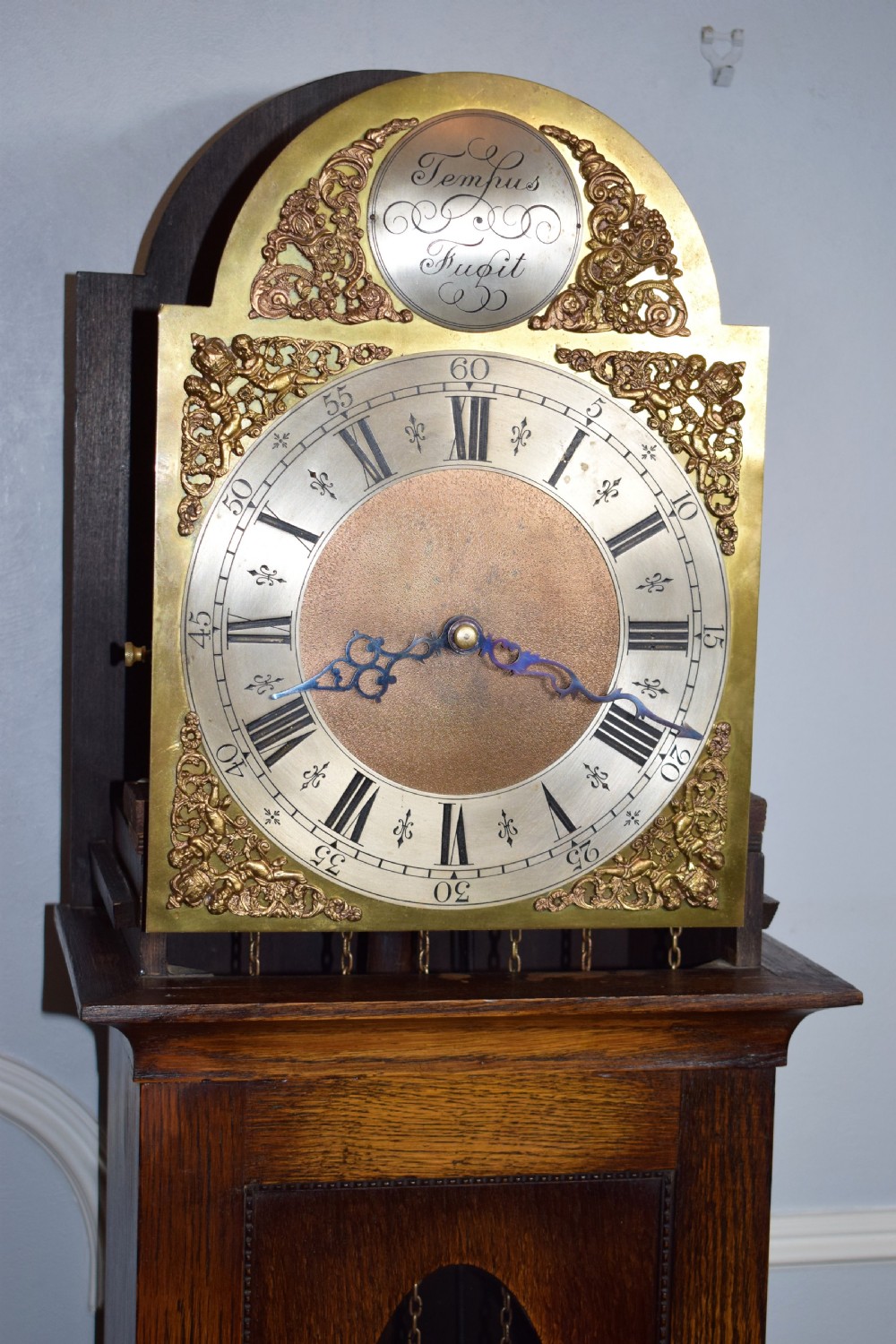 Charming 1920s Triple Weight Westminster Chiming Musical Grandfather or Grandmother Oak Longcase Clock with Barley Twist Hood Columns & Glass Door View V