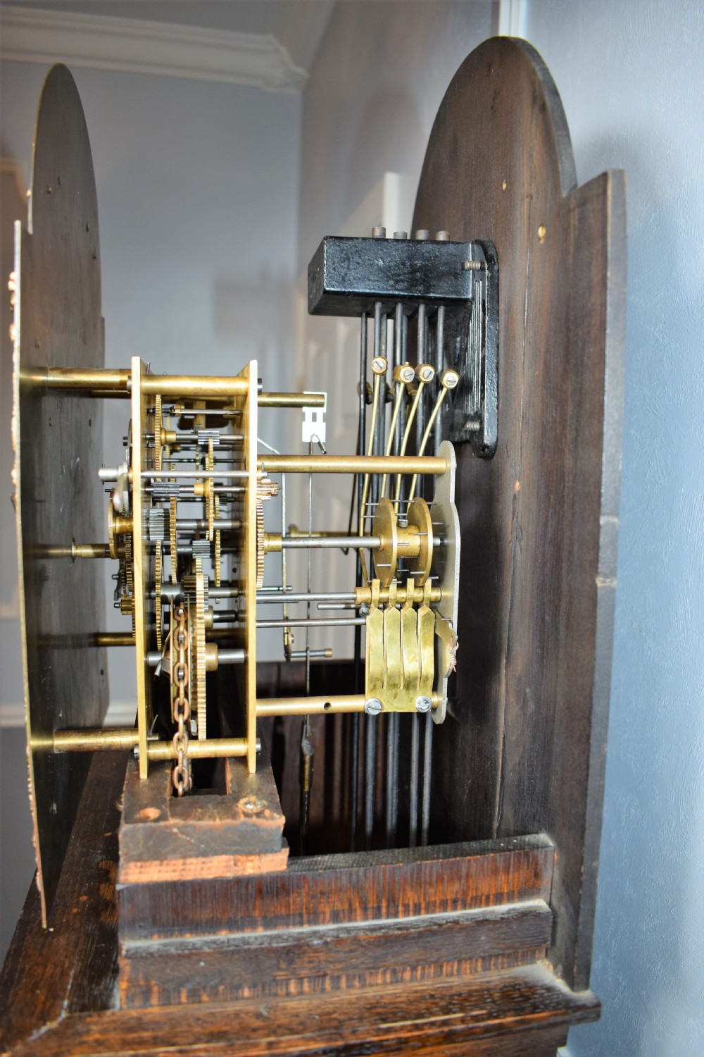 Charming 1920s Triple Weight Westminster Chiming Musical Grandfather or Grandmother Oak Longcase Clock with Barley Twist Hood Columns & Glass Door View VI