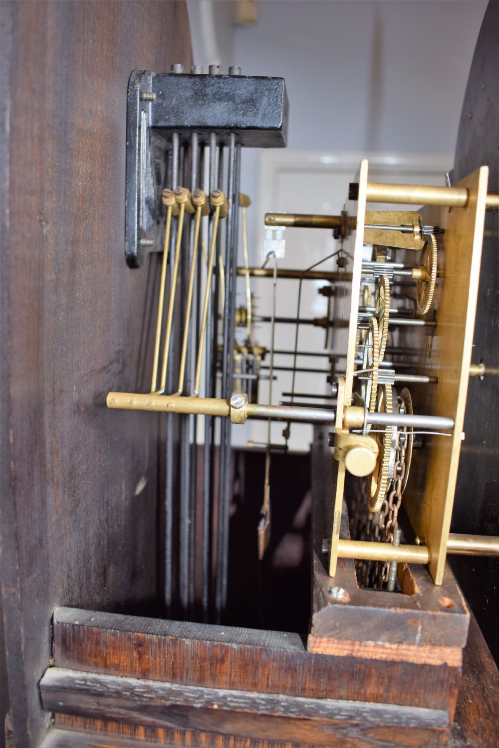 Charming 1920s Triple Weight Westminster Chiming Musical Grandfather or Grandmother Oak Longcase Clock with Barley Twist Hood Columns & Glass Door View VII