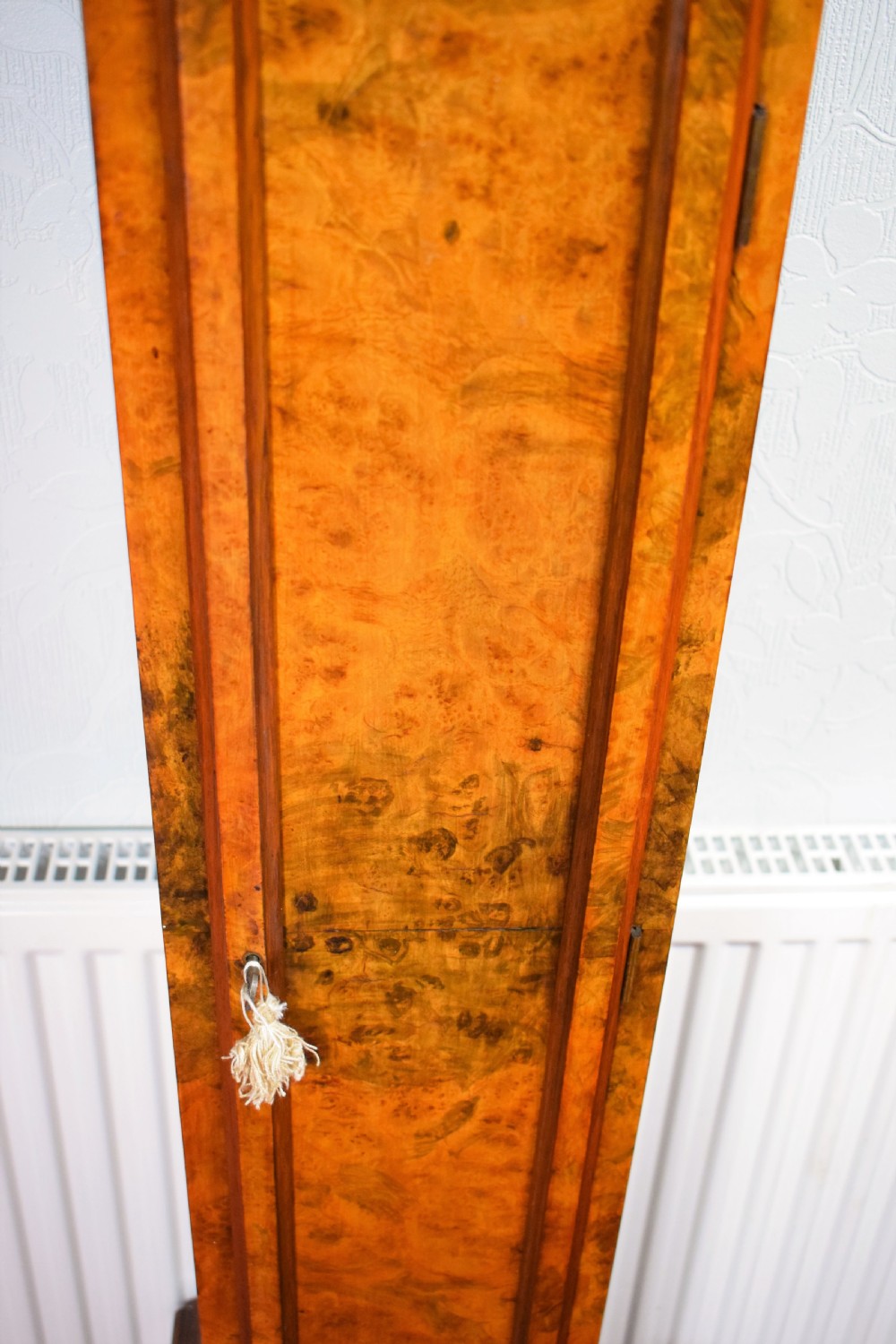 Top Quality Burr Walnut Grandmother or Dwarf Grandfather Longcase Clock with EMBEE Peerless 8 Day Westminster Chiming Musial Clock View III