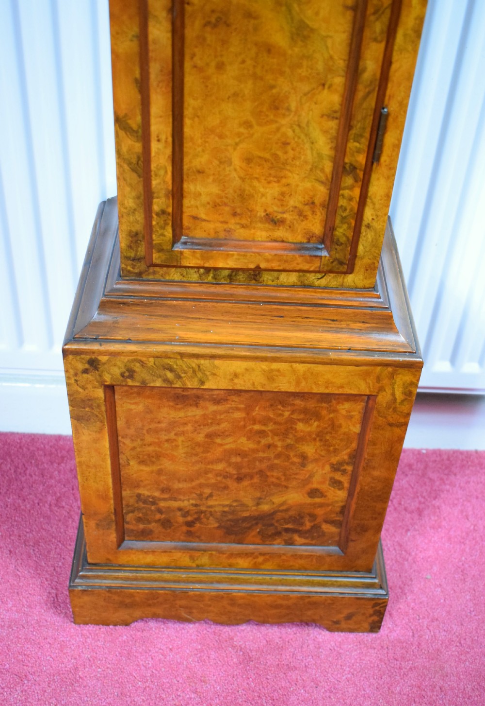 Top Quality Burr Walnut Grandmother or Dwarf Grandfather Longcase Clock with EMBEE Peerless 8 Day Westminster Chiming Musial Clock View IV