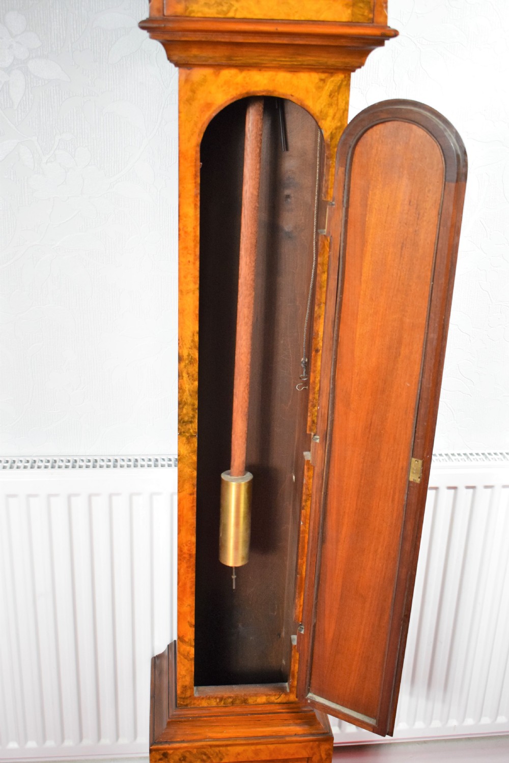 Top Quality Burr Walnut Grandmother or Dwarf Grandfather Longcase Clock with EMBEE Peerless 8 Day Westminster Chiming Musial Clock View V