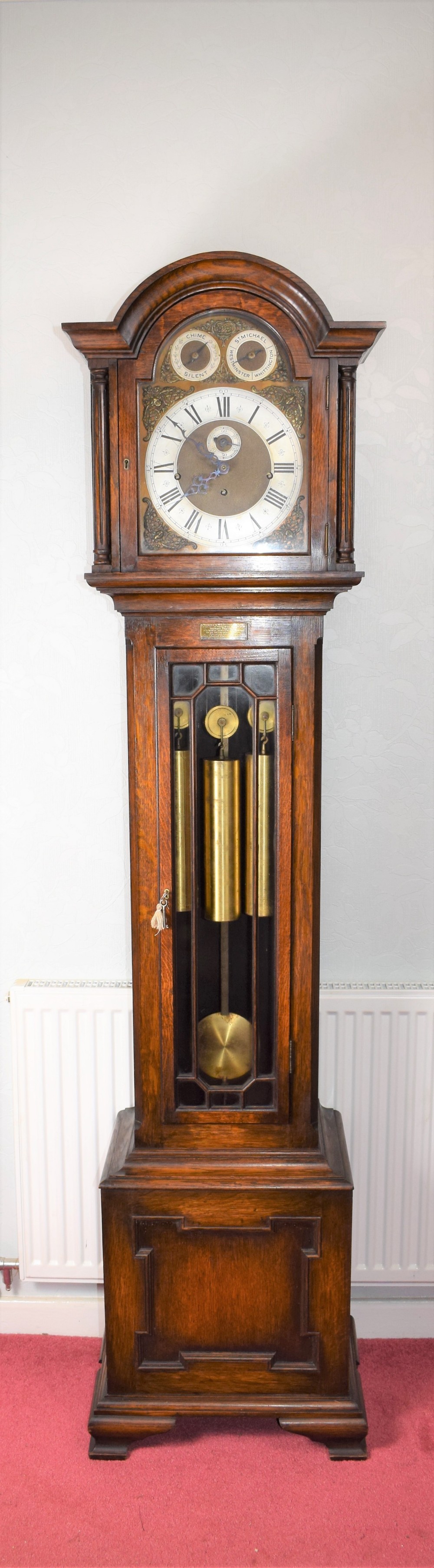 Regulator Quality Solid Oak Astragal Glazed Triple Tune Triple Weight Grandfather or Grandmother Longcase Clock with Deadbeat Escapement & Maintaining Power