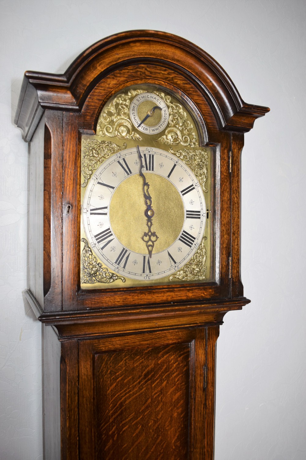 Good Quality Triple Tune Triple Weight Oak Grandmother/Grandfather Musical Longcase Clock View II