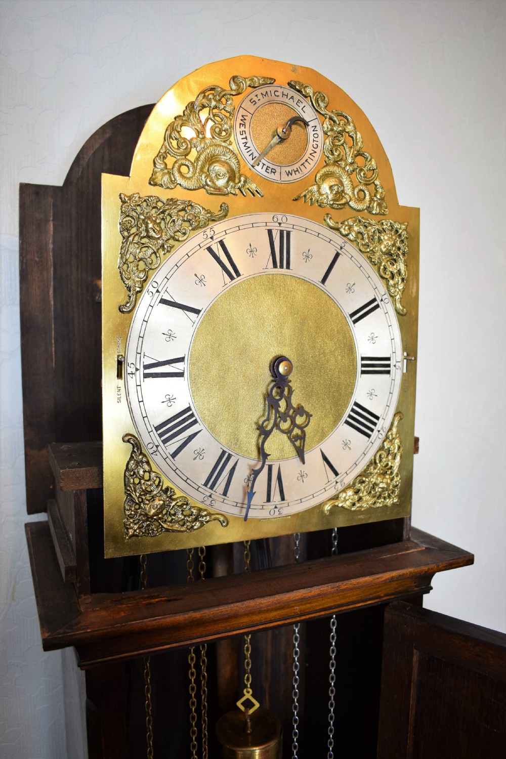 Good Quality Triple Tune Triple Weight Oak Grandmother/Grandfather Musical Longcase Clock View IV