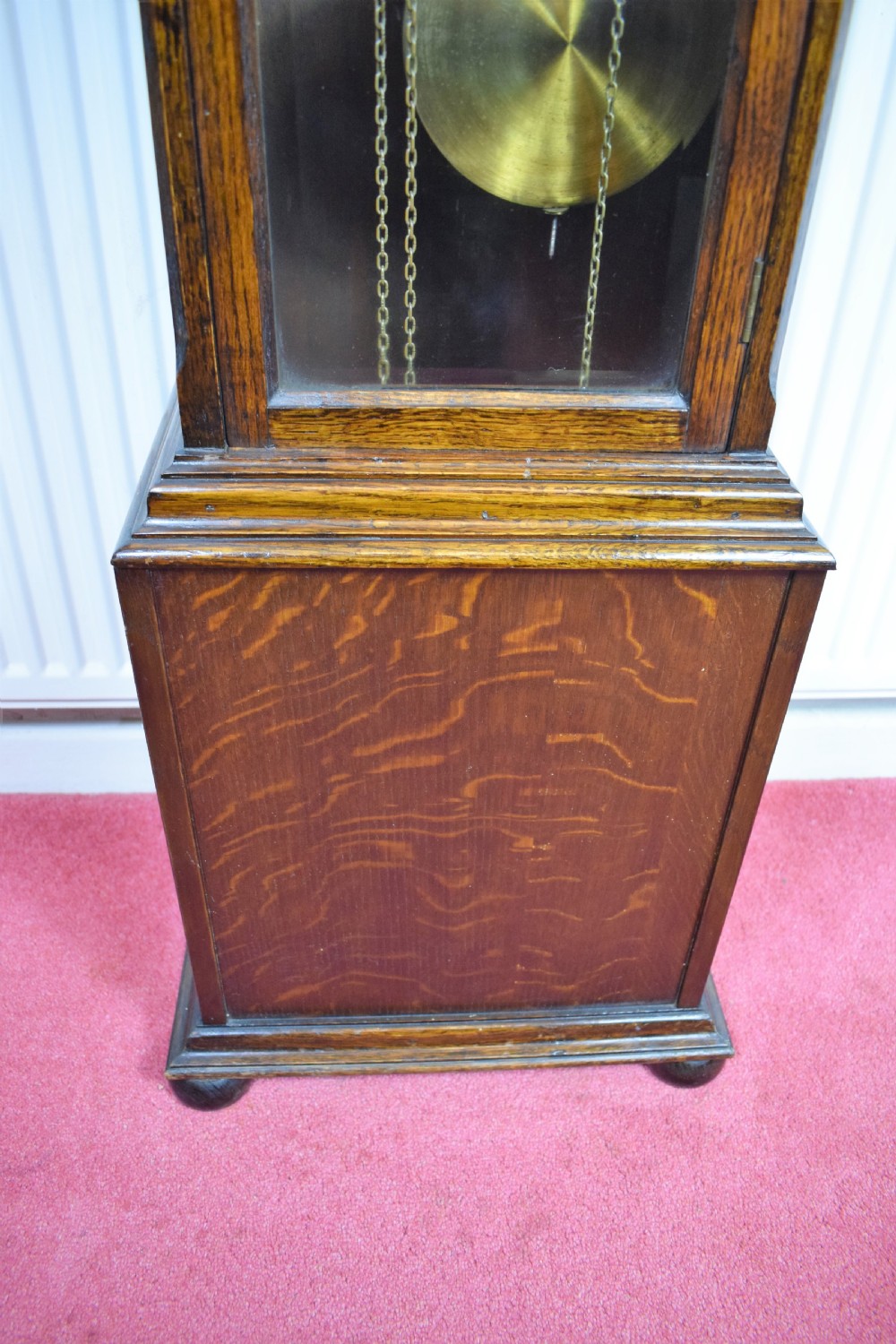 English Triple Weight Two Tune (Westminster/Whittington/Silent) Glass Fronted Oak Grandmother or Small Grandfather Musical Longcase Clock View IV